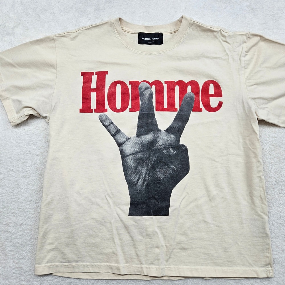 Homme + Femme LA Graphic T-Shirt Mens XL Cream Streetwear Hand Sign Made in USA
